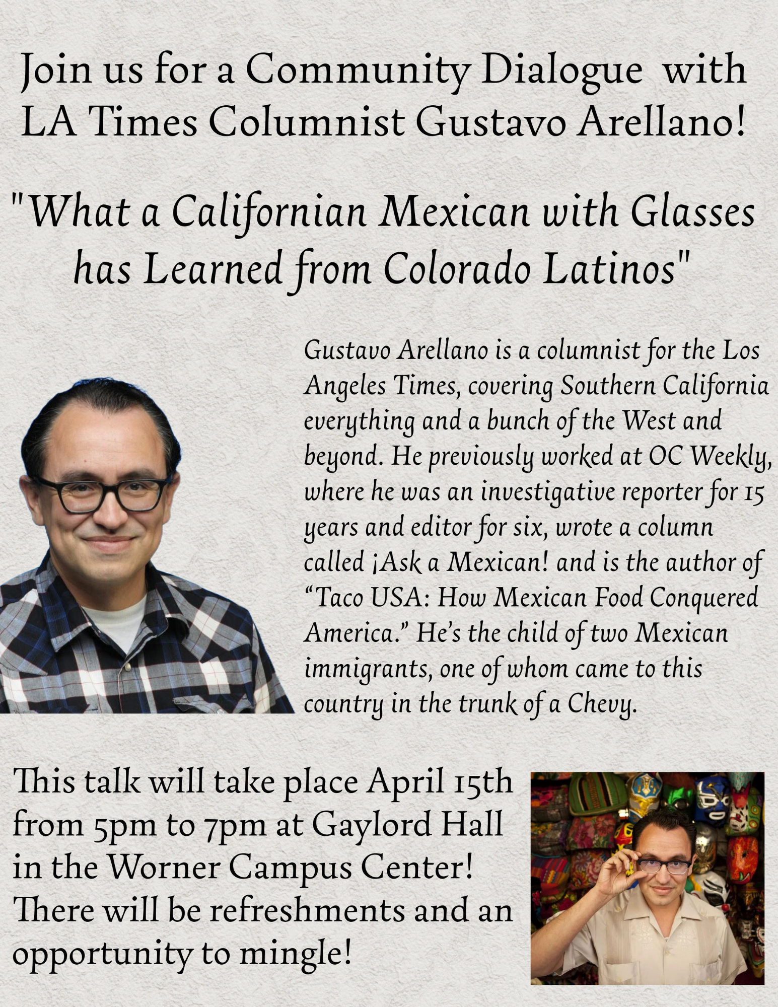 Image of Gustavo Arellano with bio and event details